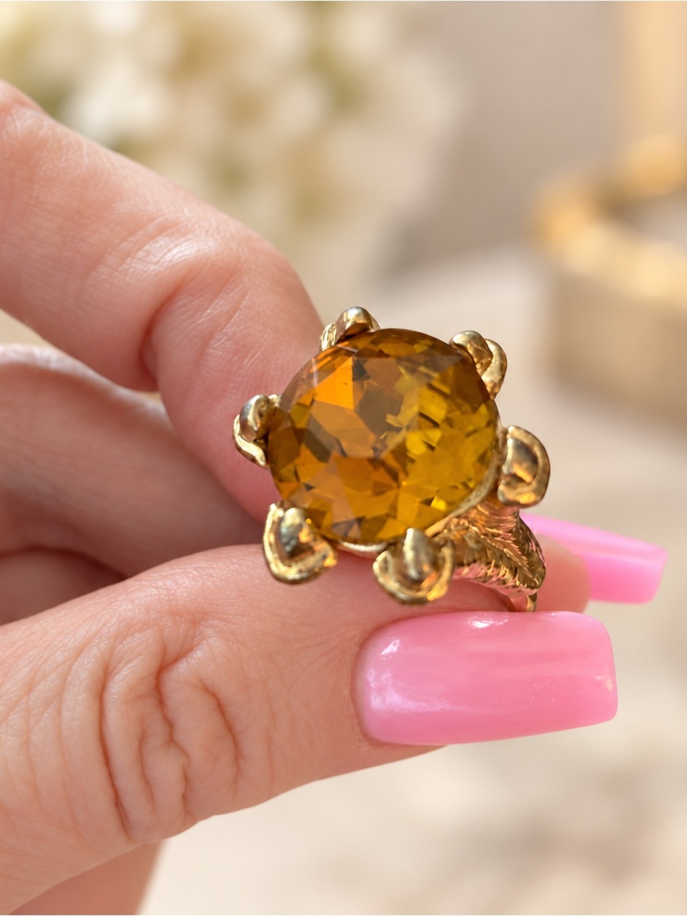 Vintage 1960s Napier Amber Glass Cocktail Ring Adjustable